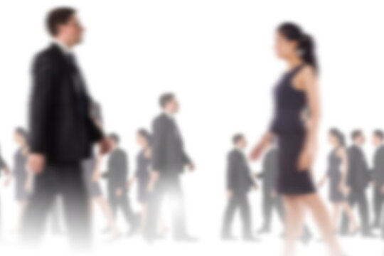 Digital png photo of blurred caucasian business people walking on transparent background