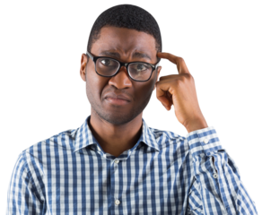Digital png photo of worried african american businessman scratching head on transparent background