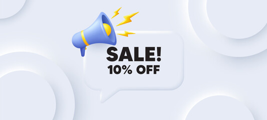 Sale 10 percent off discount. Neumorphic 3d background with speech bubble. Promotion price offer sign. Retail badge symbol. Sale speech message. Banner with megaphone. Vector
