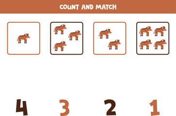 Counting game for kids. Count all warthogs and match with numbers. Worksheet for children.
