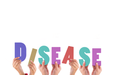 Digital png photo of hands holding disease text on transparent background