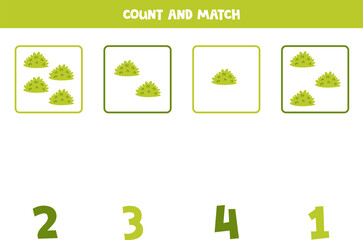 Counting game for kids. Count all green bushes and match with numbers. Worksheet for children.