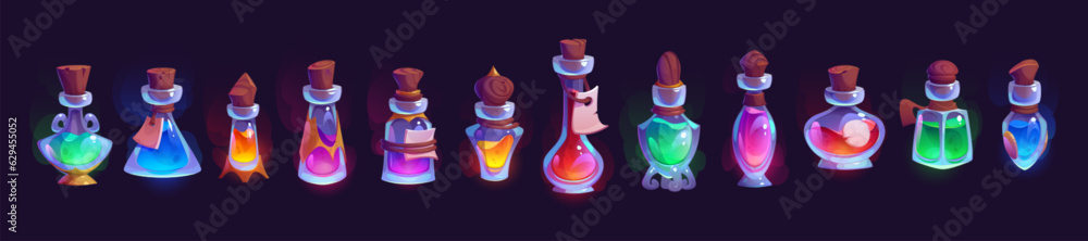 Aufkleber magic elixir glass bottle with potion game vector asset. fantasy alchemy flask with liquid medicine 