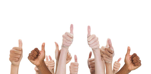 Digital png photo of diverse hands with thumbs up on transparent background