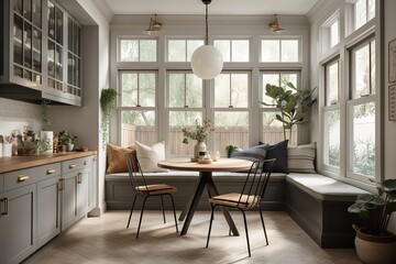 Breakfast Nook: Create a set of images that showcase a cozy, inviting breakfast nook. Generative AI