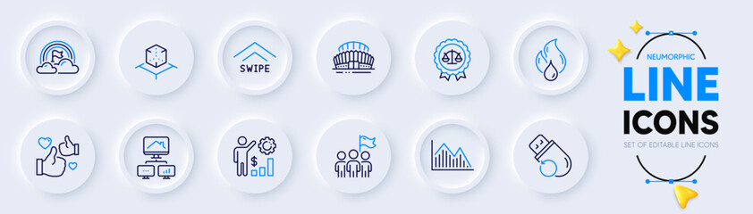Augmented reality, Swipe up and Flammable fuel line icons for web app. Pack of Leadership, Sports stadium, Work home pictogram icons. Employees wealth, Lgbt, Justice scales signs. Like. Vector