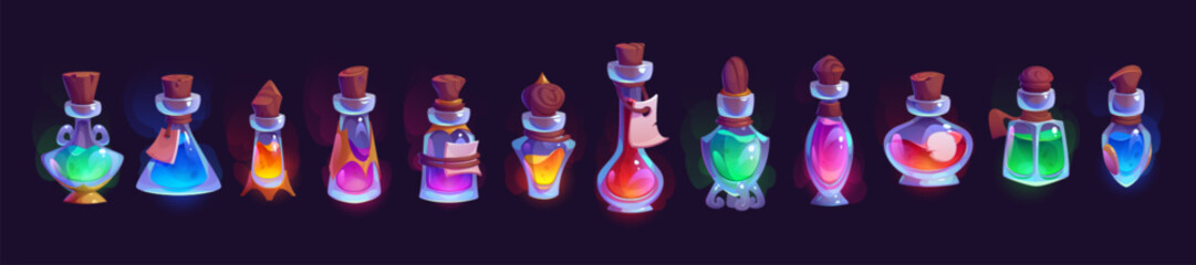 Magic elixir glass bottle with potion game vector asset. Fantasy alchemy flask with liquid medicine cartoon halloween ui set for app interface. Witch jar container with poison or antidote set.