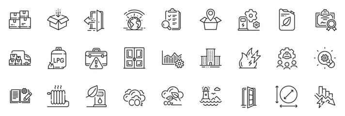 Icons pack as Canister, Open door and Package location line icons for app include Lighthouse, Warning briefcase, Circle area outline thin icon web set. Engineering documentation. Vector