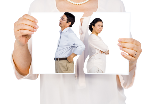 Digital png photo of caucasian woman holding torn photo of asian couple on transparent background - Powered by Adobe