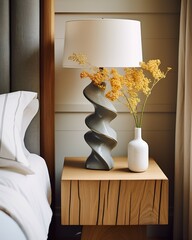 A modern table lamp mixed with rustic and American style is placed on a side cabinet next to the bed.