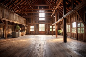 restored barn interior with exposed wooden beams