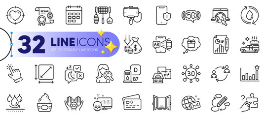 Outline set of Waterproof, Web3 and Diesel station line icons for web with Cursor, User communication, Grill tools thin icon. Heart target, Card, Search puzzle pictogram icon. Gift dream. Vector