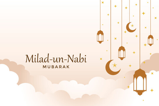 Milad un Nabi for Muslim.Eid Milad-un-Nabi text with moon,lantern and stars background - Birth of Holy Prophet Muhmmad.Islamic greeting card Vintage background. 