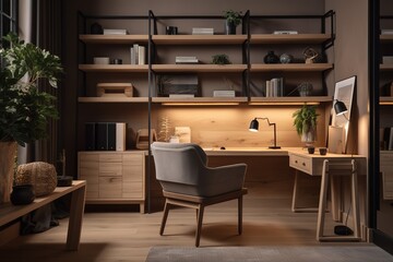 A cozy and rustic cabin-style home office. Generated ai