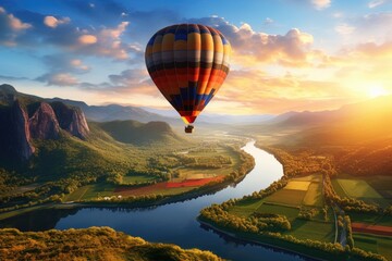 Beautiful view of mountains and lake, aerostat fly hot baloon - obrazy, fototapety, plakaty