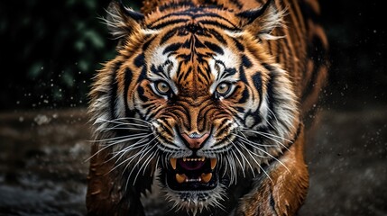 Furious tiger growling and sprinting aggressively, wildlife, action shot, with generative AI.