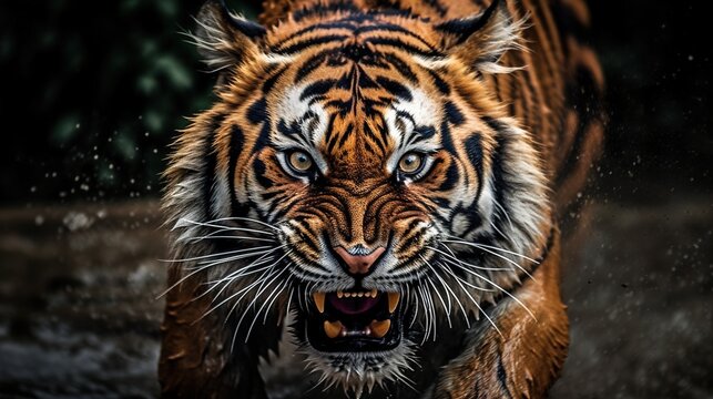 Furious tiger growling and sprinting aggressively, wildlife, action shot, with generative AI.