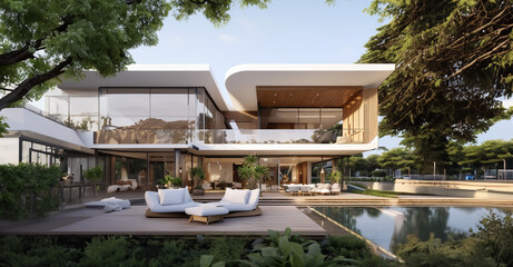 Fototapeta na wymiar A modern luxury house, Organic shapes, wood and concrete, a big swimming pool, tropical trees, beautiful lighting - generative AI
