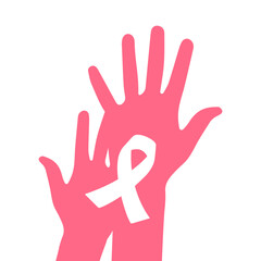 A caring pink silhouette of hands and a pink ribbon icon, a symbol of support, awareness of breast cancer. Vector illustration