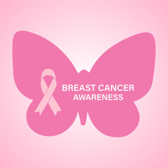 Breast cancer awareness. Vector butterfly with pink ribbon, creative background and text for health awareness.