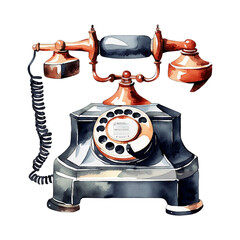 Black Retro Telephone, PNG Clipart Image, Vintage Painted Watercolor Art, Generative AI