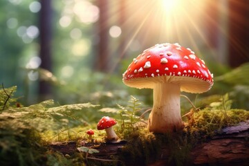Fresh healthy mushroom in green sunny coniferous forest. Generative Ai.