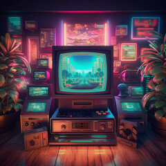 Fototapeta premium Retro Gamer Room Cyberpunk Style