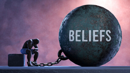 Beliefs - a metaphor showing human struggle with Beliefs. Resigned and exhausted person chained to Beliefs. Drained and depressed by a continuous struggle,3d illustration - obrazy, fototapety, plakaty