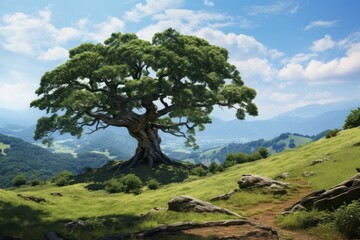Fototapeta na wymiar a large tree on top of a hill in a mountainous area. Beautiful landscape. generative ai.