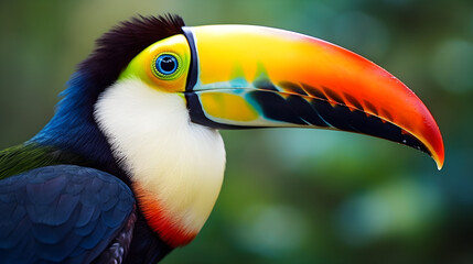 Naklejka premium Close-up shot of a colorful Toucan, featuring its large beak and expressive eyes, showcasing the tropical allure - Generative AI