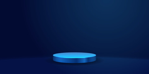 Blue light metallic round podium on minimal dark background. Digital platform for presentation of products. Technology and device advertising sign inside empty room. Circle futuristic pedestal.