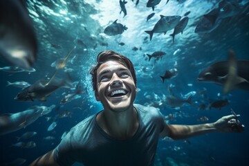 happy guy in aquarium. sea world generative ai.