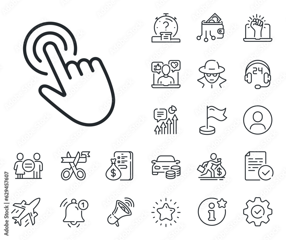 Poster click action sign. salaryman, gender equality and alert bell outline icons. hand cursor line icon. f