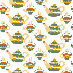 Pattern with cups and teapots. Cozy home autumn seamless background. Design of kitchen textiles, invitation cards, packaging. Cute, warm autumn vector illustration. Delicate shades