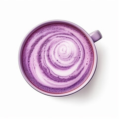 Top view of hot purple sweet potato latte with stirred spiral milk foam isolated on white background