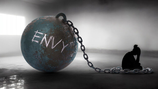 Envy - a metaphorical view of a woman struggle with envy. Trapped alone and chained to a burden of Envy. Constant and strenuous fight.,3d illustration