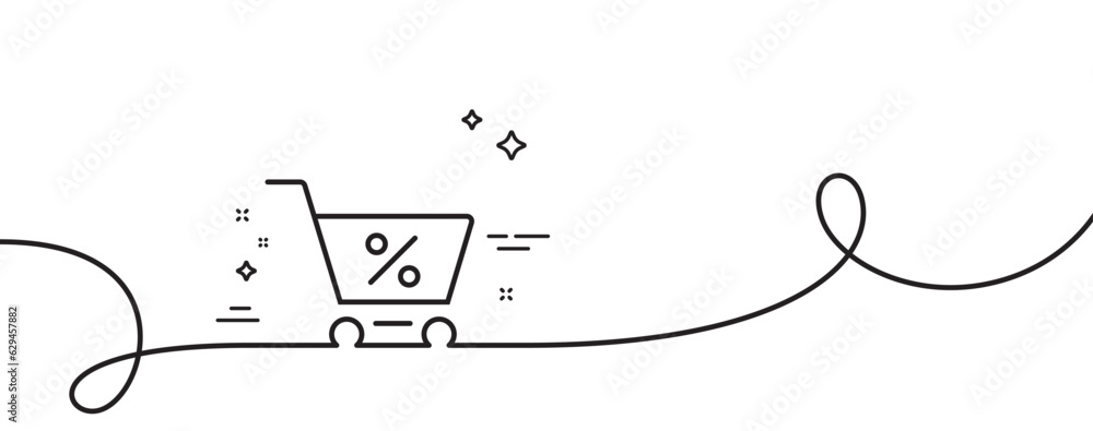 Poster shopping cart with percentage line icon. continuous one line with curl. online buying sign. supermar