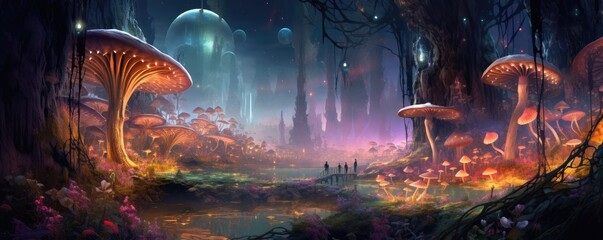 Magic mushroom pattern in fairy tale woods, nature wallpaper, panorama. Generative Ai.
