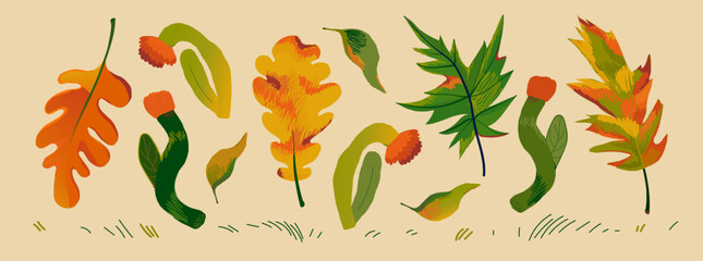 Autumn seasonal artistic leaves and flowers design template. Modern hand drawn vector illustration.