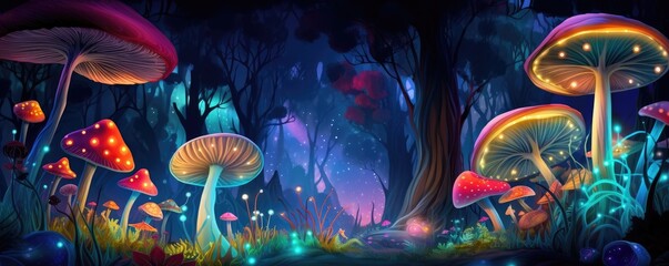 Magic mushroom pattern in fairy tale woods, nature wallpaper, panorama. Generative Ai.