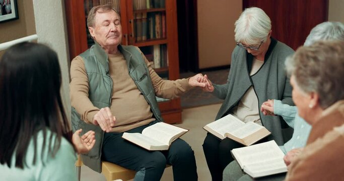 Praying, worship and holding hands with people in bible study for support, Christian and spiritual. Community, faith and religion with prayer group in church for connection, hope and meeting together