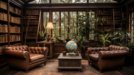 A vintage-inspired library with antique leather armchairs, old maps, and globes as decor  - obrazy, fototapety, plakaty