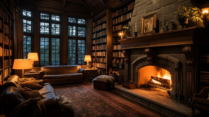 A library with a cozy fireplace nook, plush rugs, and walls adorned with literary quotes 