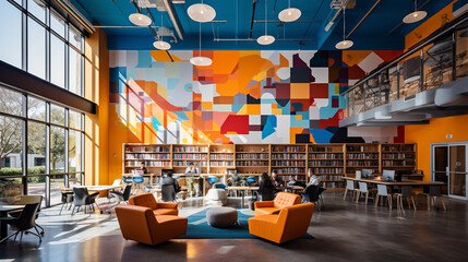 A modern urban library with a vibrant mural, hanging chairs, and a lively atmosphere 