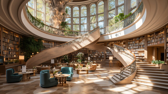 A library with a spiral staircase leading to a mezzanine level, filled with books and natural light 