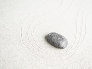 Fototapeta na wymiar Zen Pattern Background, Zen Garden Japanese on Sand Line Circle with Stone Pebble, Abstract Wave Round White Beach Spa