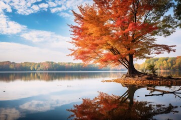 peaceful lake reflecting the vibrant colors of the surrounding trees in full autumn bloom