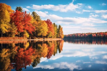 peaceful lake reflecting the vibrant colors of the surrounding trees in full autumn bloom