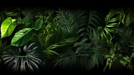 Green leaves fern tropical rainforest foliage plant on black background