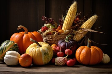 still life of a variety of autumn produce like pumpkins, gourds, apples, and corn, set against a rustic wooden background
